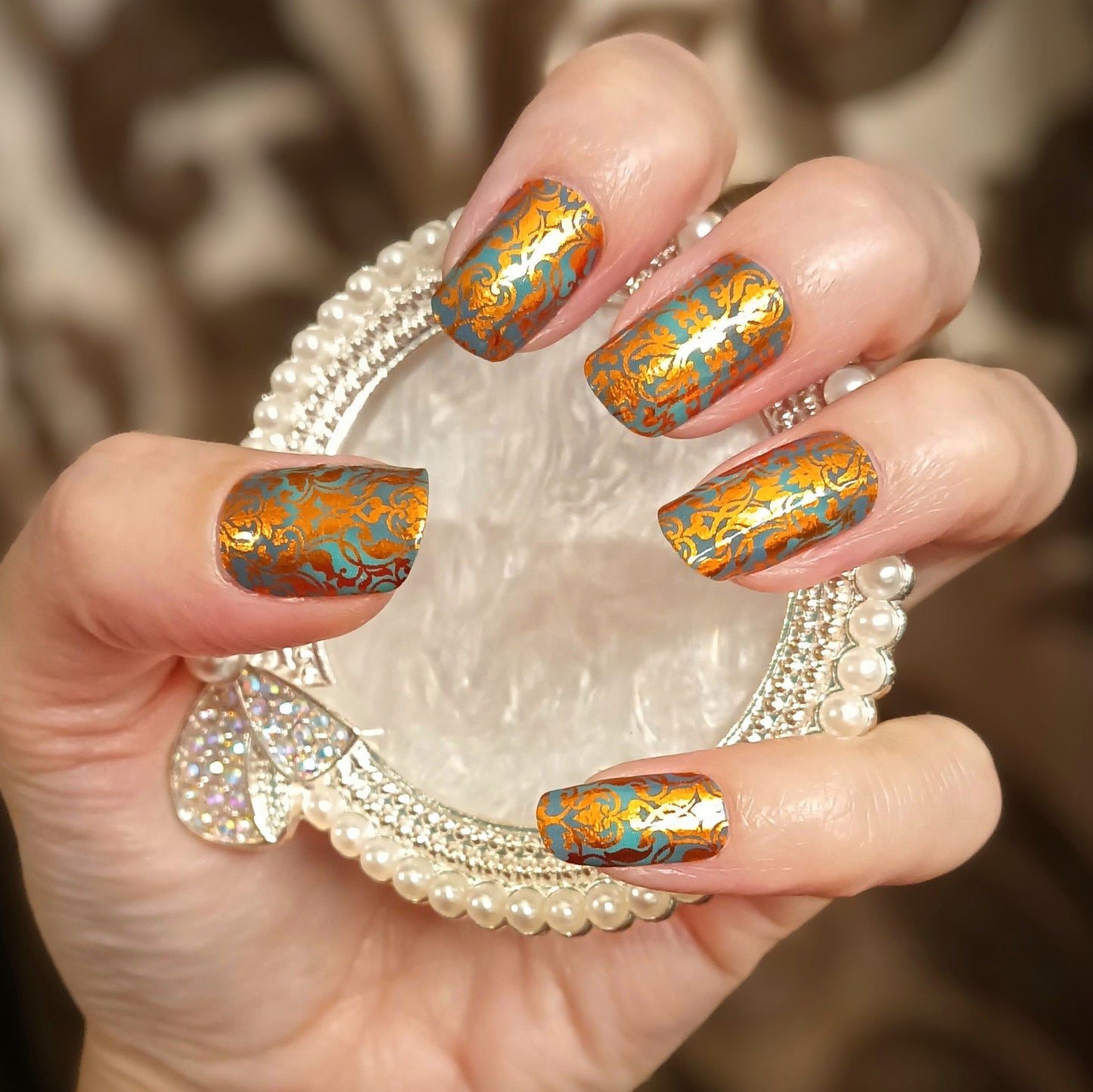 Teal Copper Damask Exclusive Design Nail Wraps (FOIL)