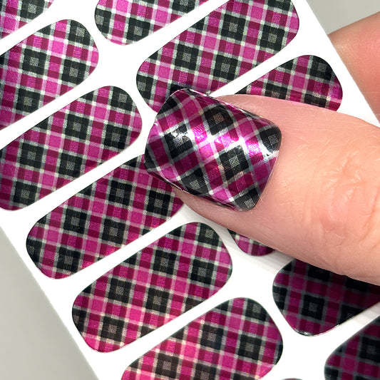 90's Pink Plaid Nail Wraps (METALLIC)