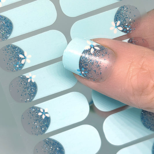 French Bloom Blue Nail Wraps (Glitter)