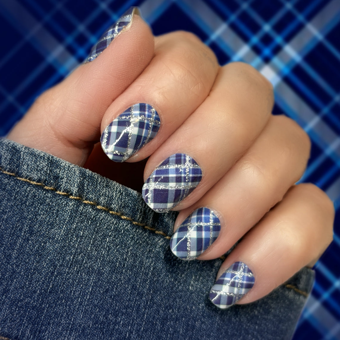 Navy Plaid Exclusive Design Nail Wraps (GLITTER)