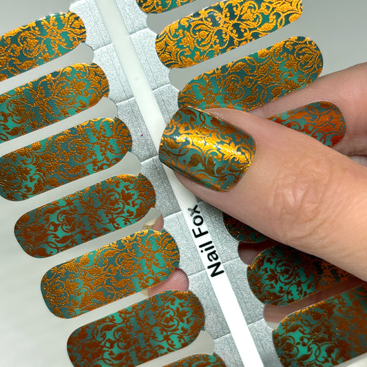 Teal Copper Damask Exclusive Design Nail Wraps (FOIL)